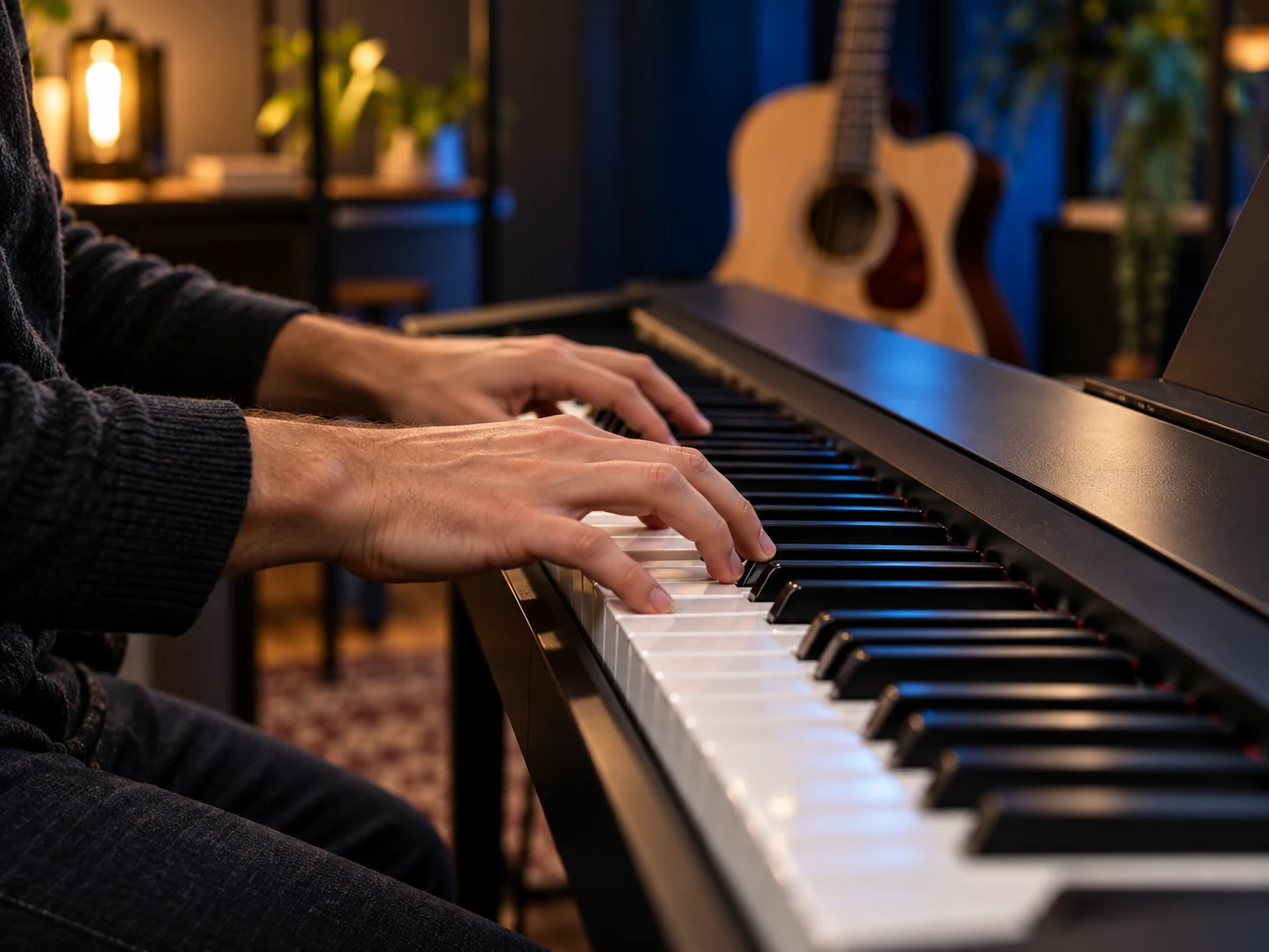 Hands playing piano in a music studio
